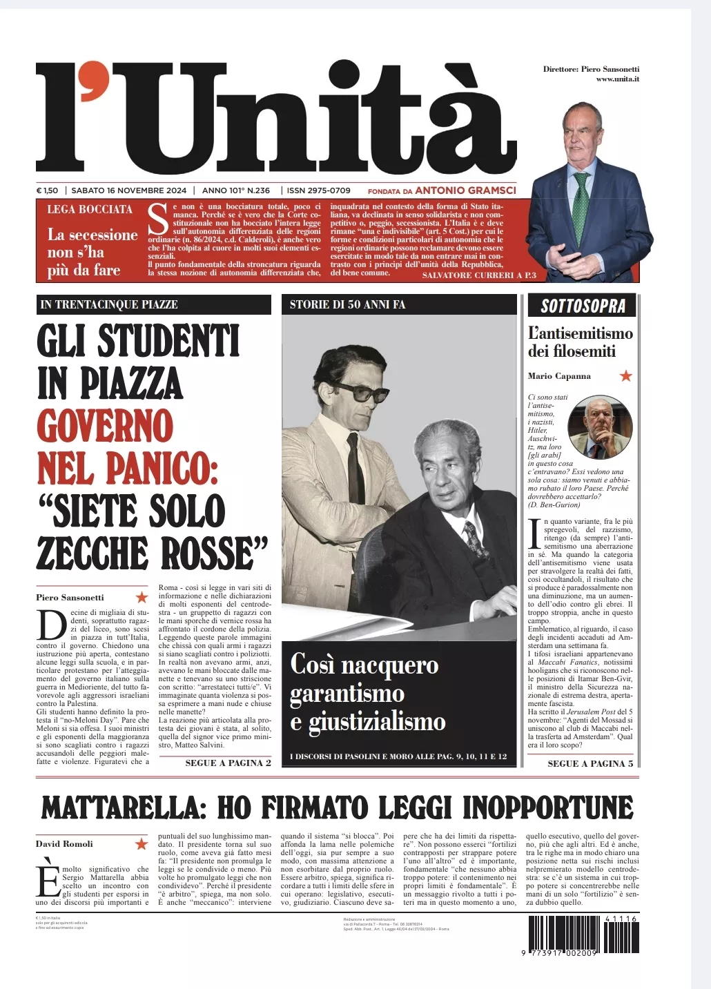 Prima-pagina-unita-oggi-edizione-di-oggi-16-11-2024