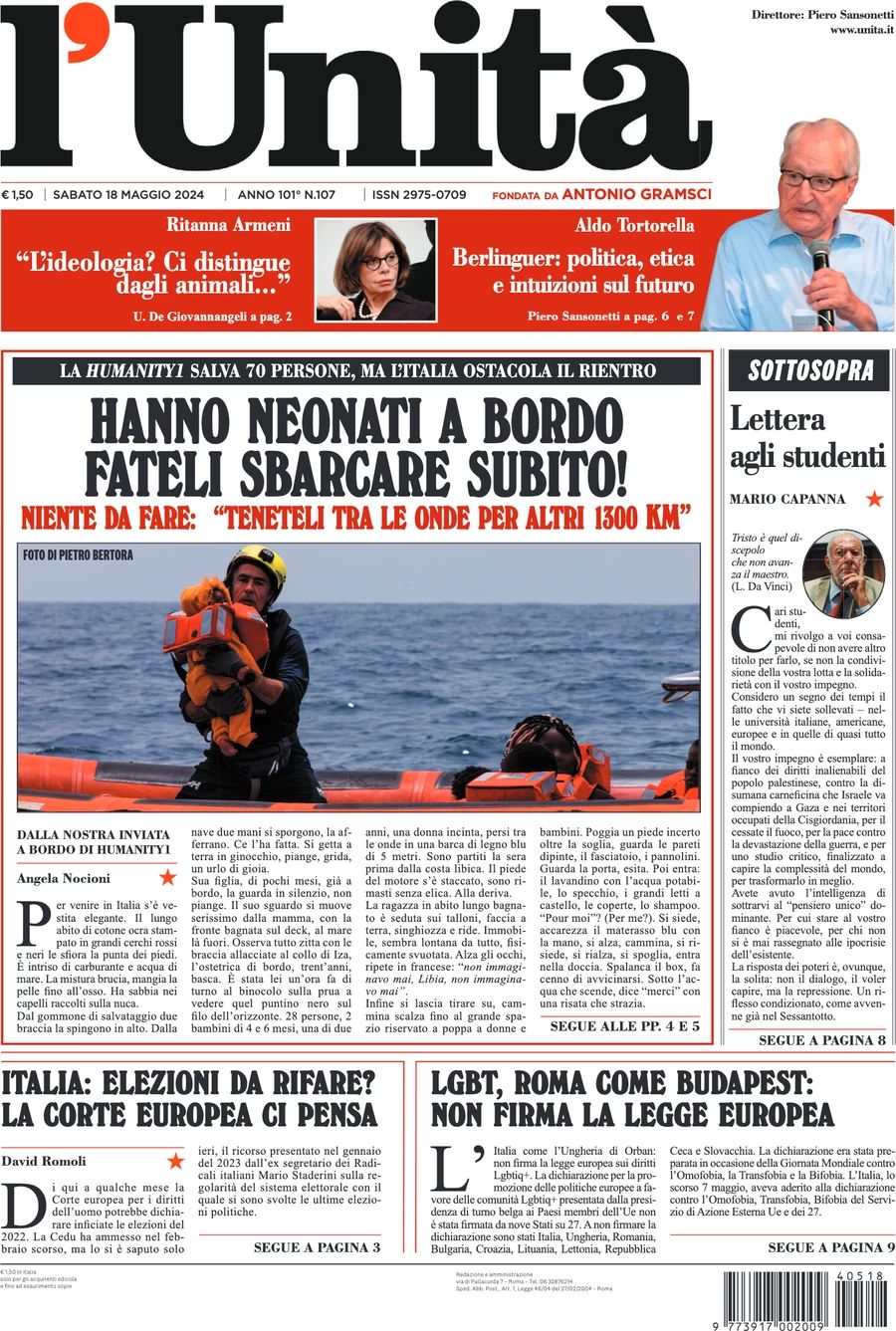 Prima-pagina-l-unita-editoriale-oggi-edizione-di-oggi-18-05-2024