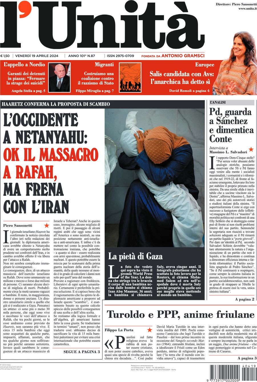 Prima-pagina-l-unita-editoriale-oggi-edizione-di-oggi-19-04-2024