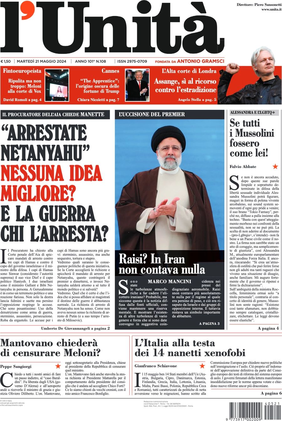 Prima-pagina-l-unita-editoriale-oggi-edizione-di-oggi-21-05-2024