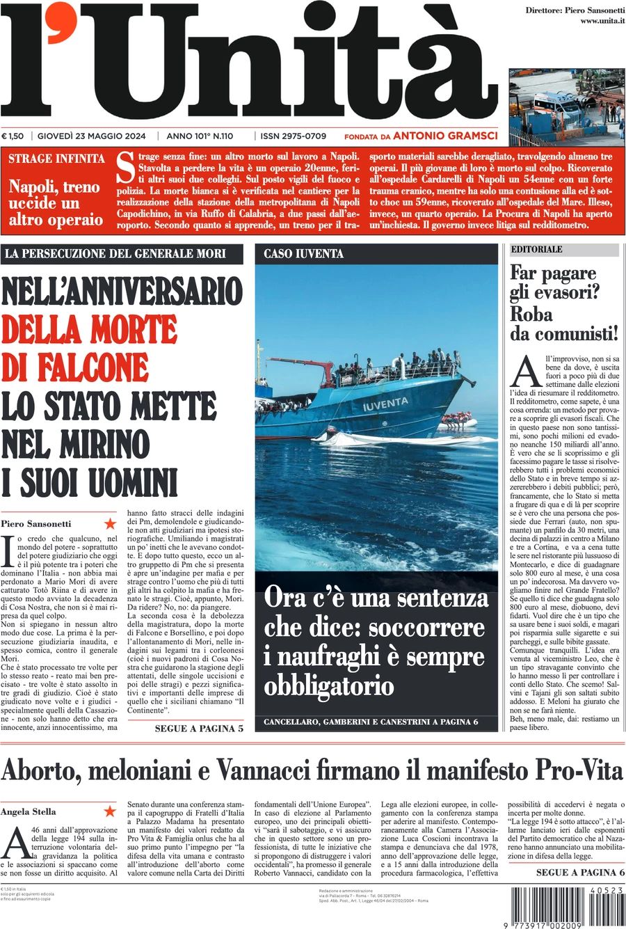 Prima-pagina-l-unita-editoriale-oggi-edizione-di-oggi-23-05-2024