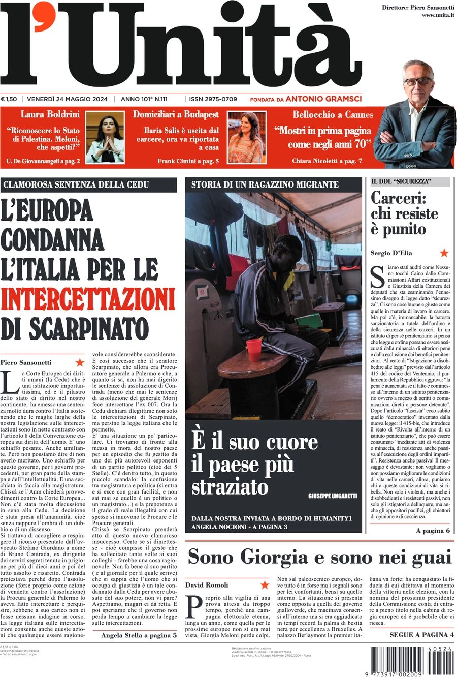 Prima-pagina-l-unita-editoriale-oggi-edizione-di-oggi-24-05-2024