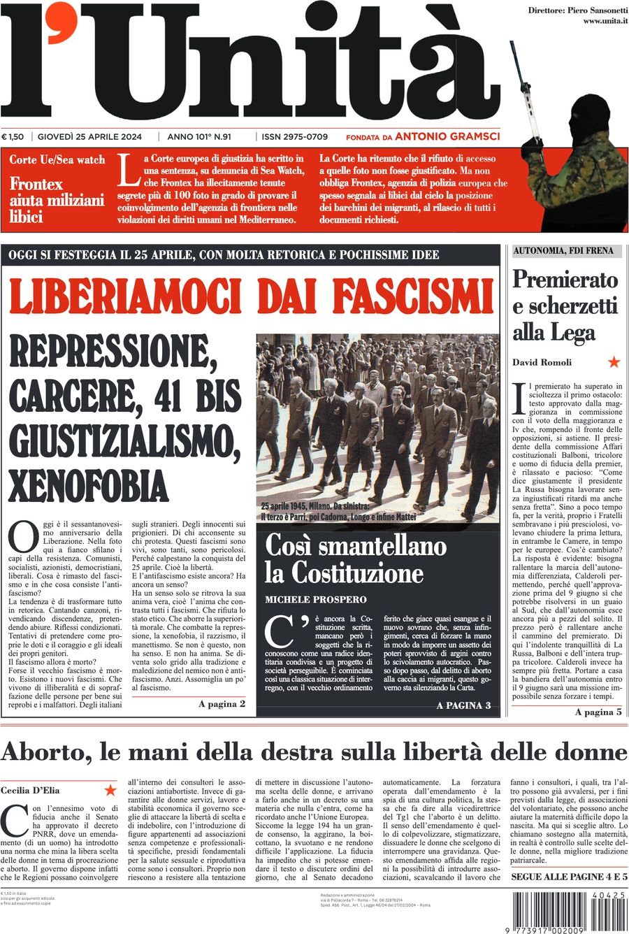 Prima-pagina-l-unita-editoriale-oggi-edizione-di-oggi-25-04-2024