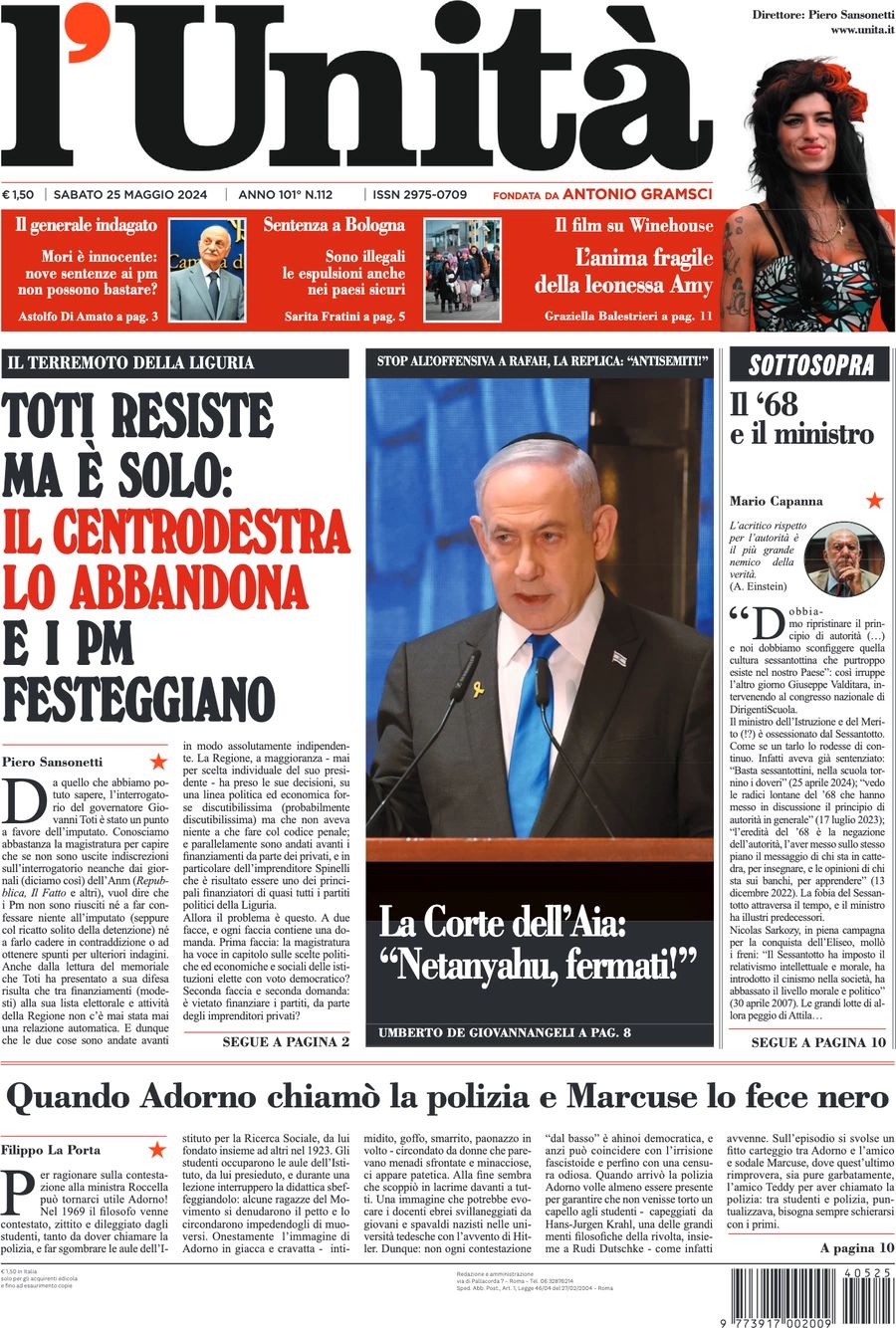 Prima-pagina-l-unita-editoriale-oggi-edizione-di-oggi-25-05-2024