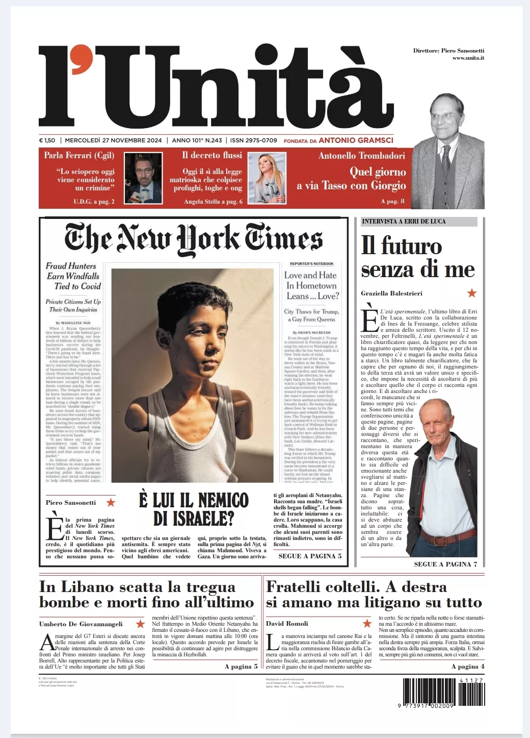 Prima-pagina-unita-oggi-edizione-di-oggi-26-11-2024