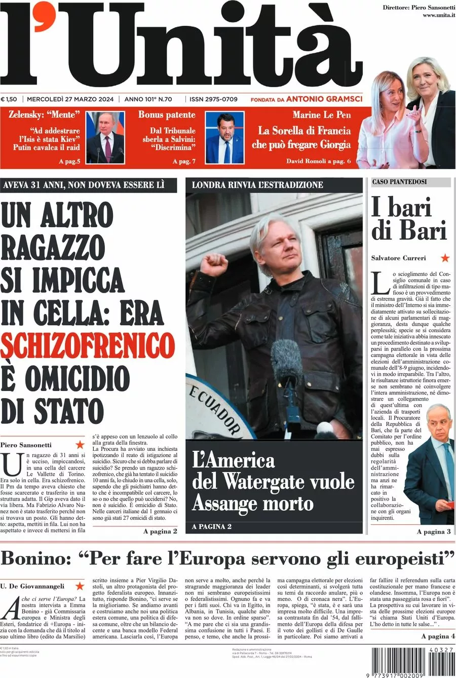 Prima-pagina-l-unita-editoriale-oggi-edizione-di-oggi-27-03-2024