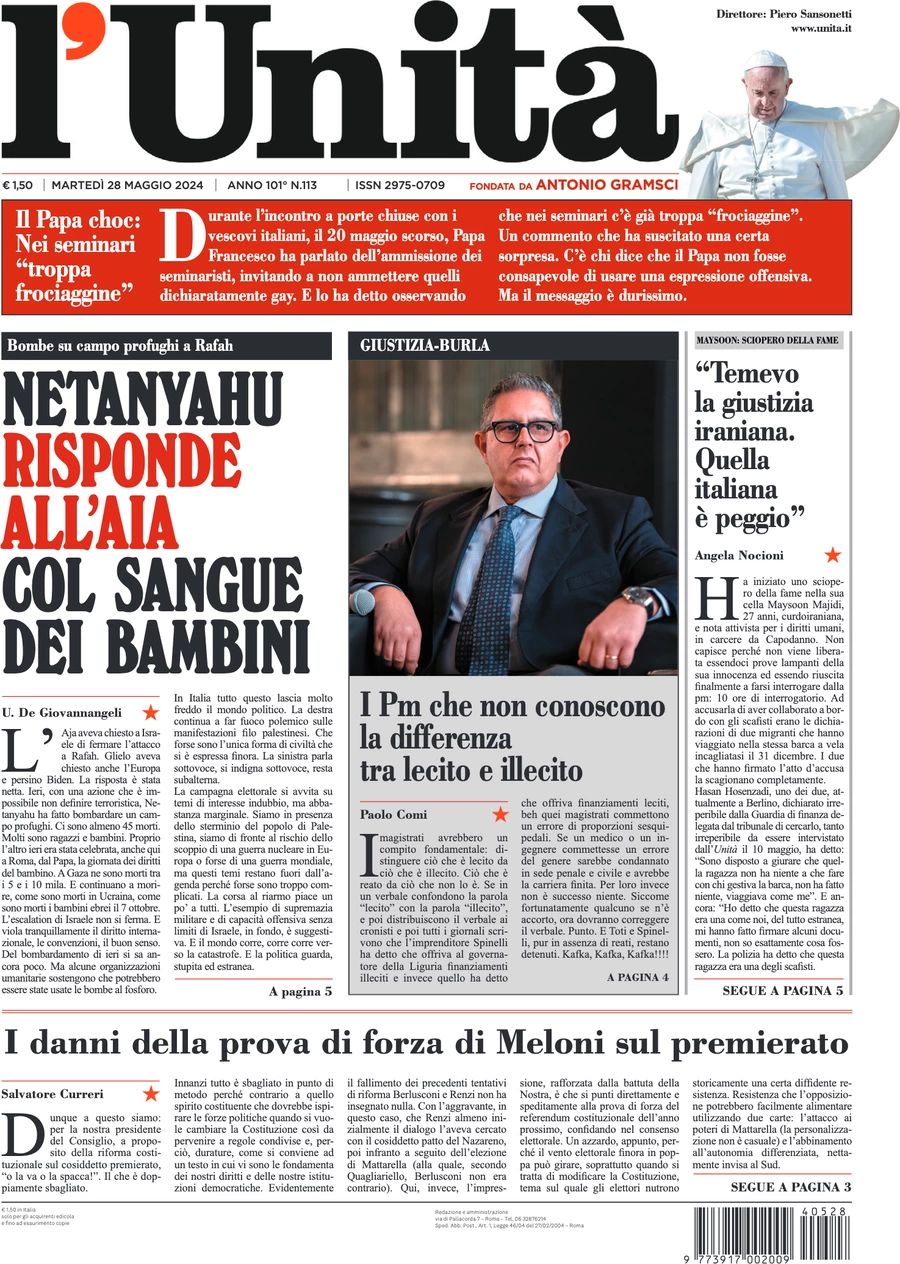 Prima-pagina-l-unita-editoriale-oggi-edizione-di-oggi-28-05-2024