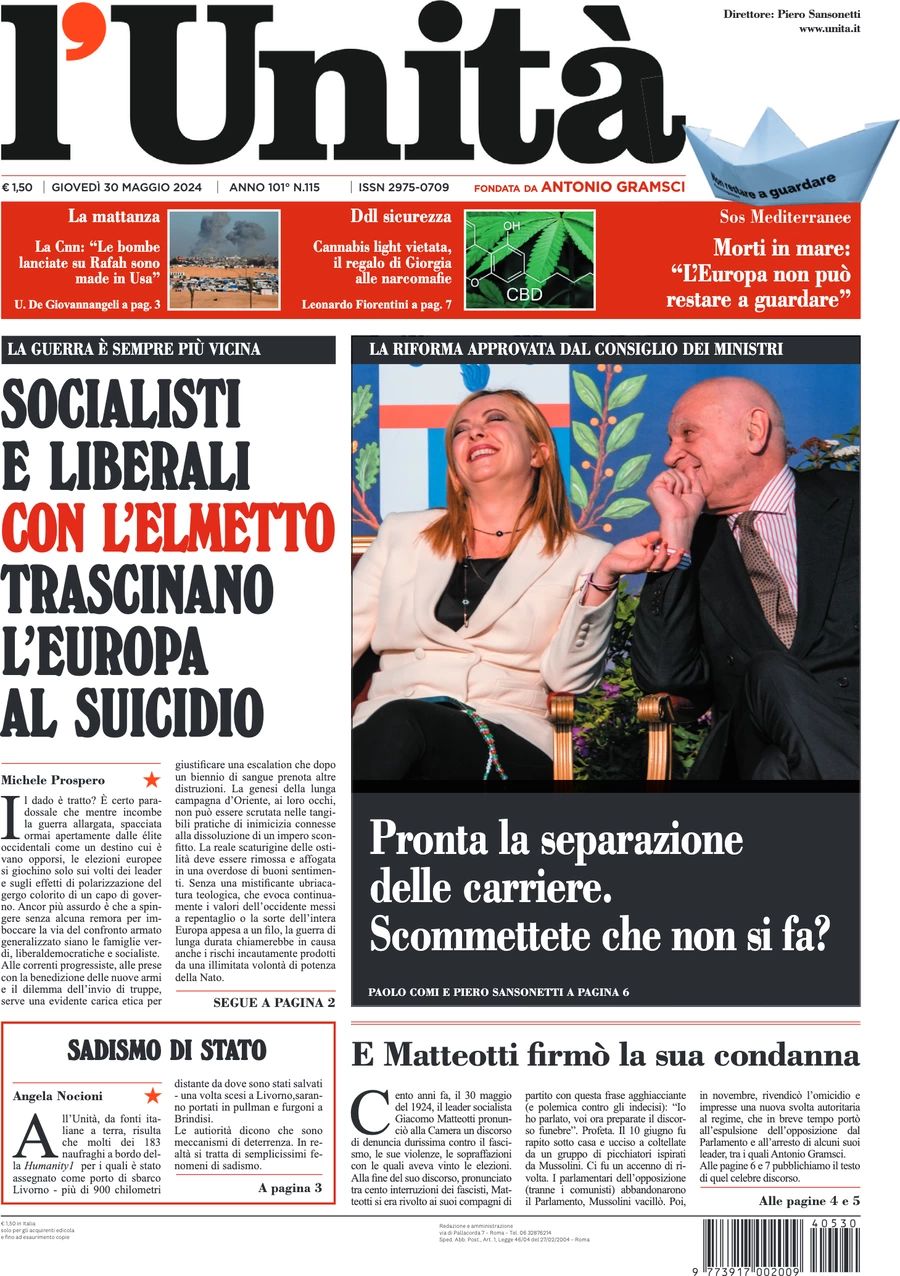 Prima-pagina-l-unita-editoriale-oggi-edizione-di-oggi-30-05-2024