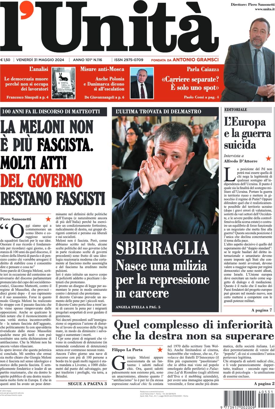 Prima-pagina-l-unita-editoriale-oggi-edizione-di-oggi-31-05-2024