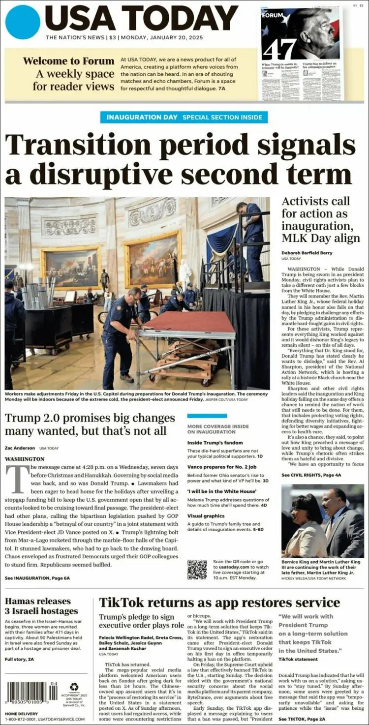 Prima-pagina-usa-today-edizione-di-oggi-2025-01-20